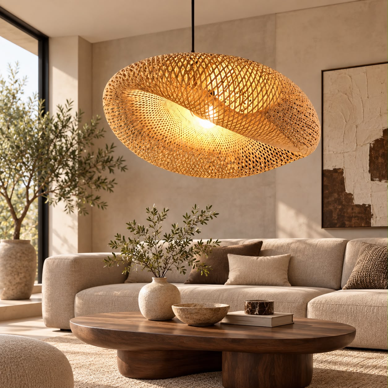 Sélora – Suspension sculpturale en rotin tressé