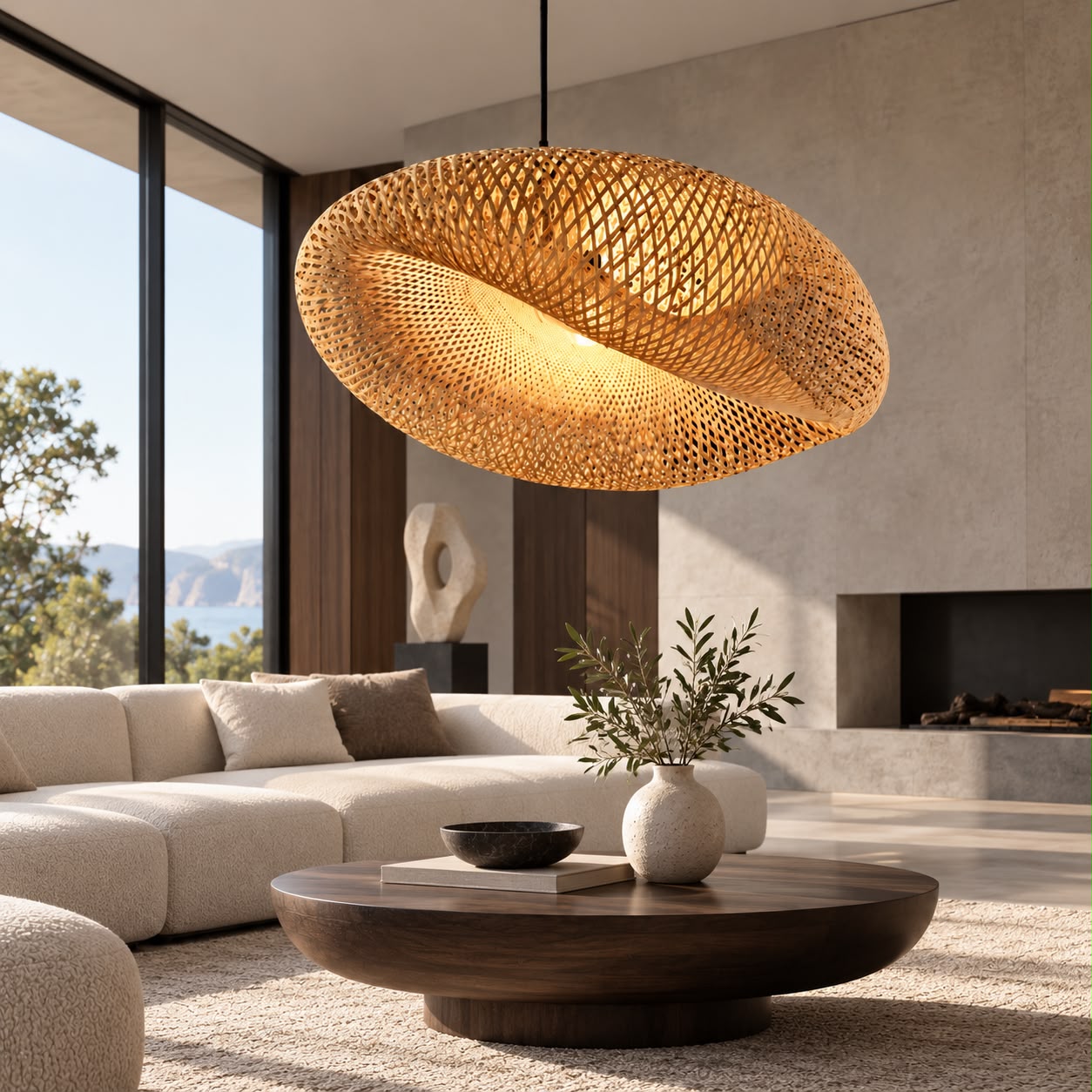 Sélora – Suspension sculpturale en rotin tressé