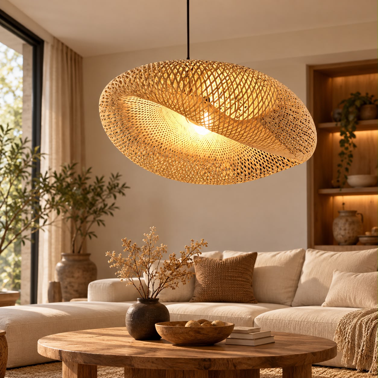 Sélora – Suspension sculpturale en rotin tressé