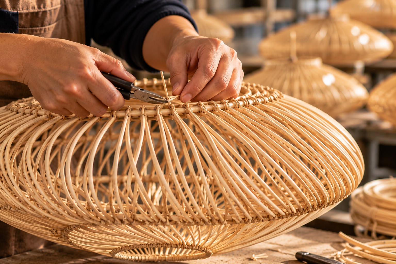 Artisan façonnant à la main une suspension en rotin